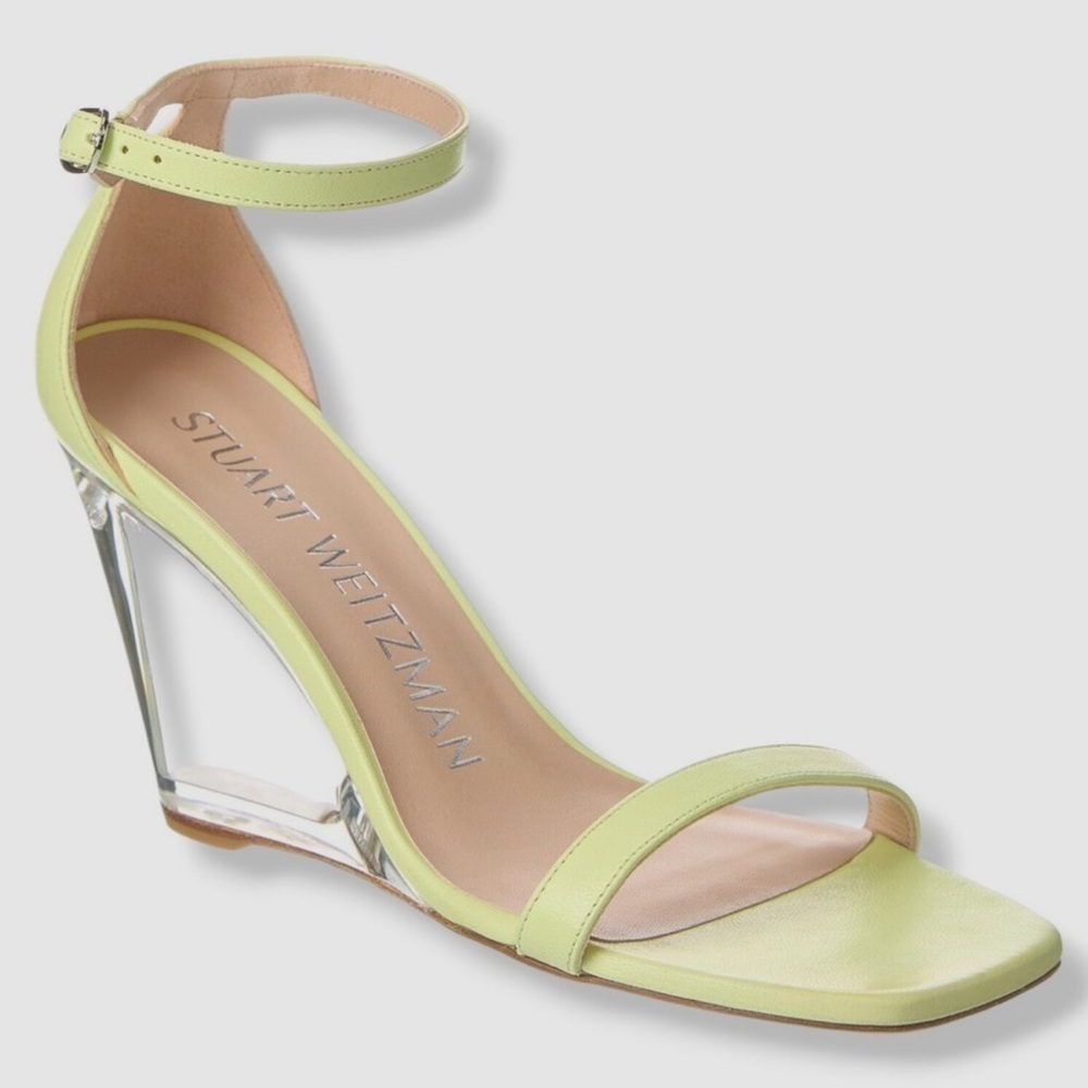 STUART WEITZMAN Nudist Clear Lucite Heel Neon Bright Yellow Summer Wedge Sandals